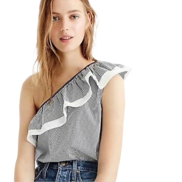 J. Crew Tops - Jcrew one shoulder ruffle top blouse stripe blue and white Size 16 NWT